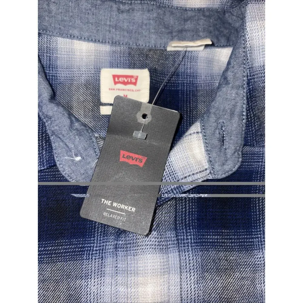 Men Levis NEW White Blue Plaid Flannel Button Shirt Long Sleeve Size MED #4469